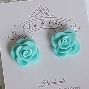 Adorable Turquoise Clay Mini Rose Flower Floral Rose Stud Earrings